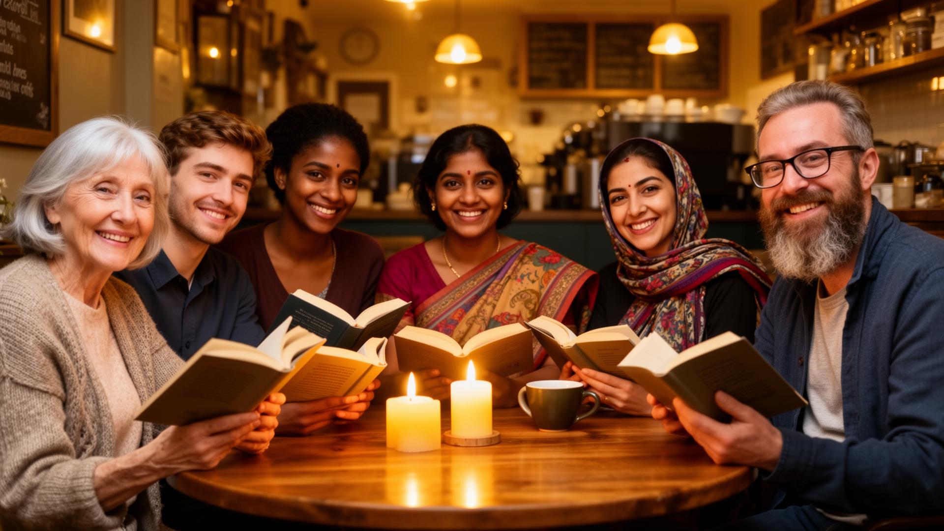 A small group of diverse readers in a candlelit Dublin coffee shop, sharing books and conversation